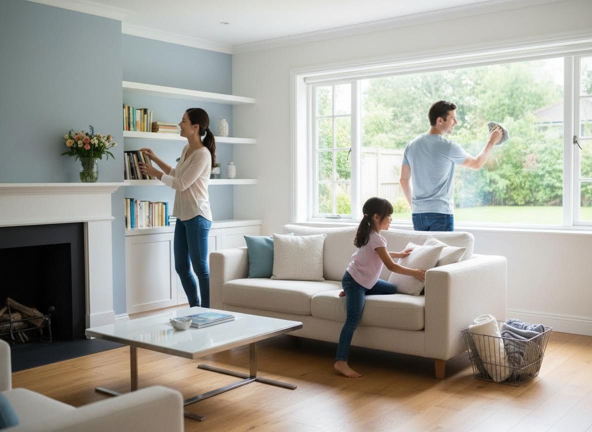 Family tidying and cleaning their living room together
