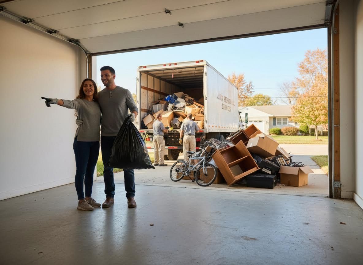 Happy couple with junk removal truck and service workers