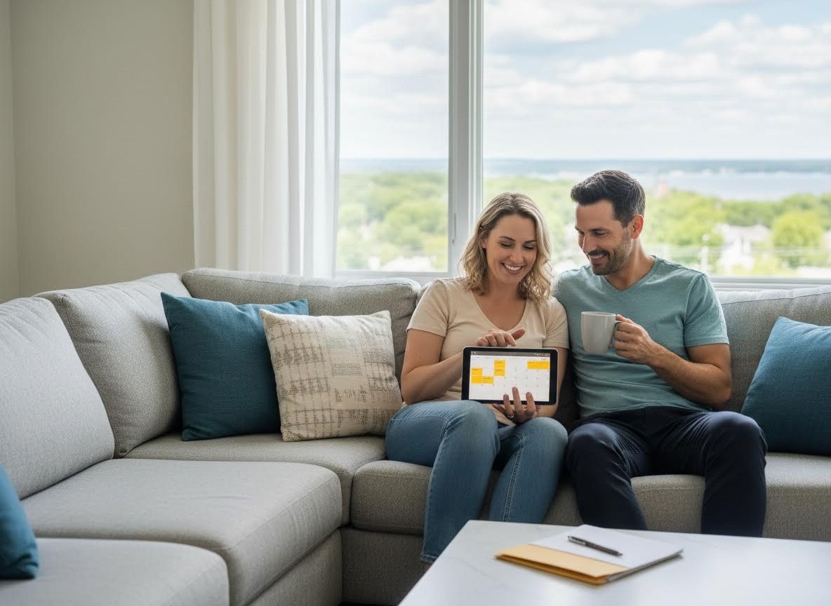 Couple Planning Schedule on Tablet at Home
