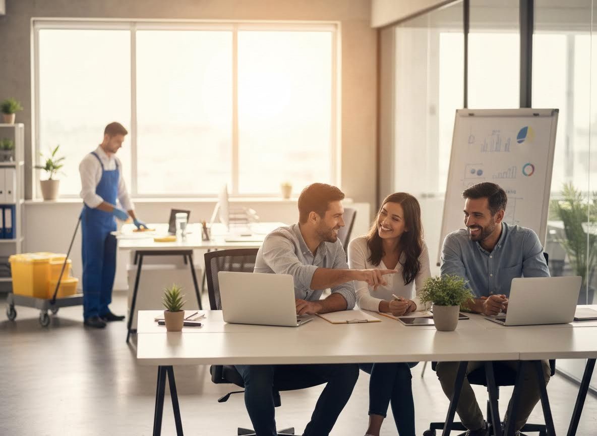 Office workers collaborating while a cleaner works in the background