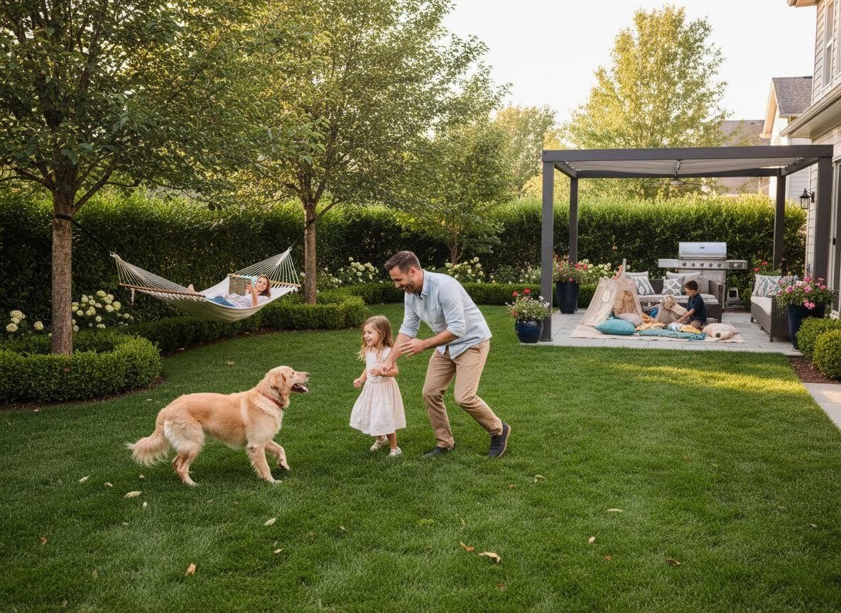 Family Enjoying Outdoor Living in a Landscaped Backyard
