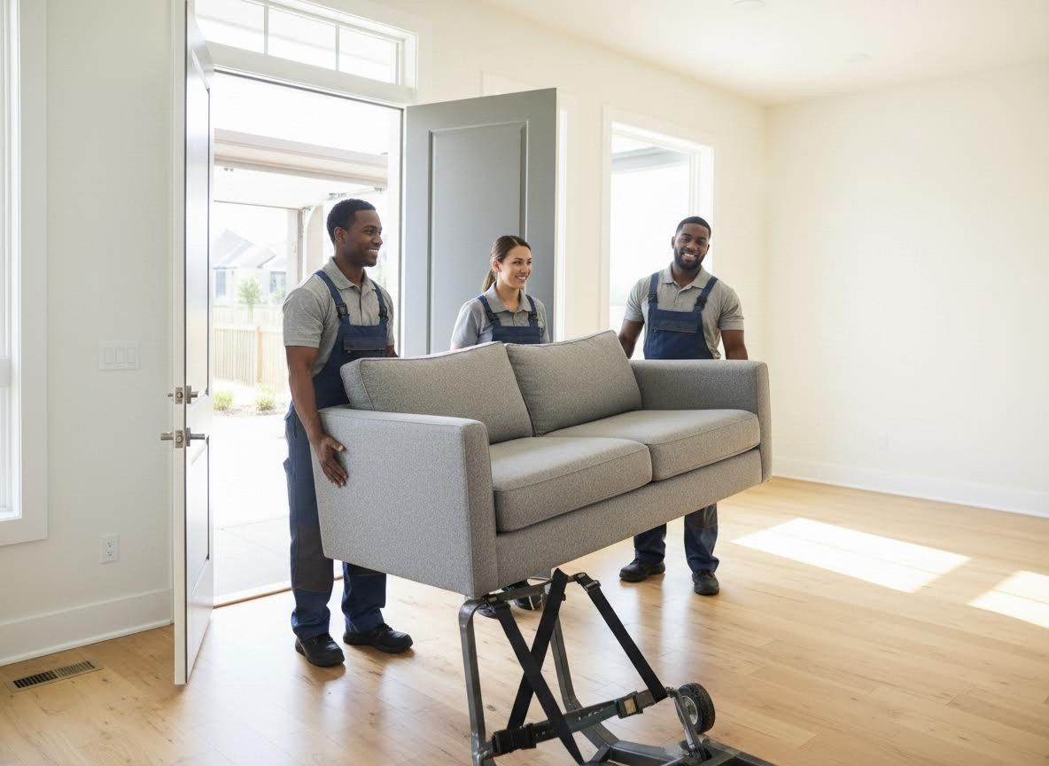 Movers transporting a sofa into a new home
