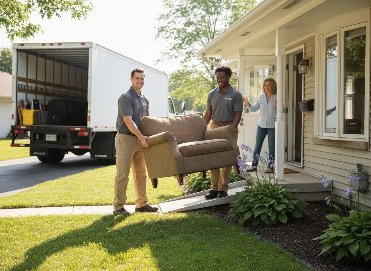 Professional movers carrying an armchair from a home