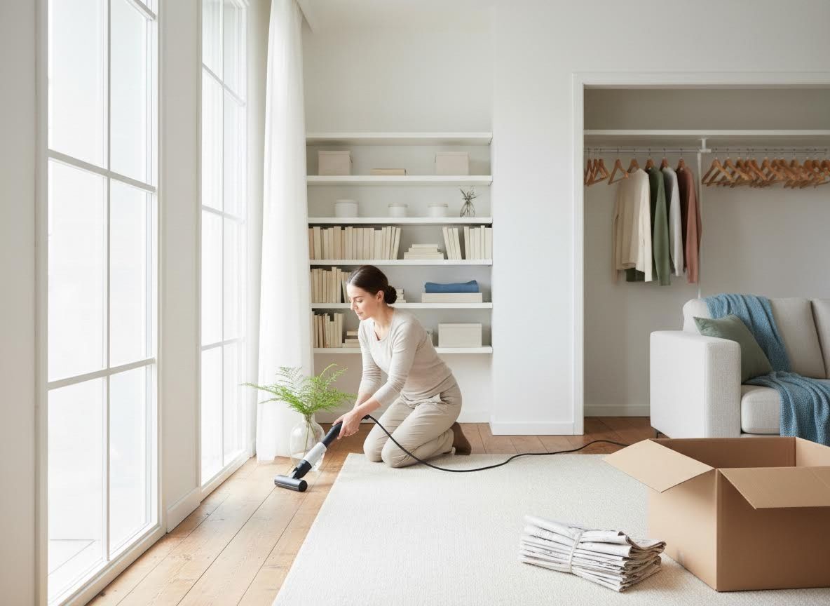 Woman Vacuuming White Rug in Bright Living Room