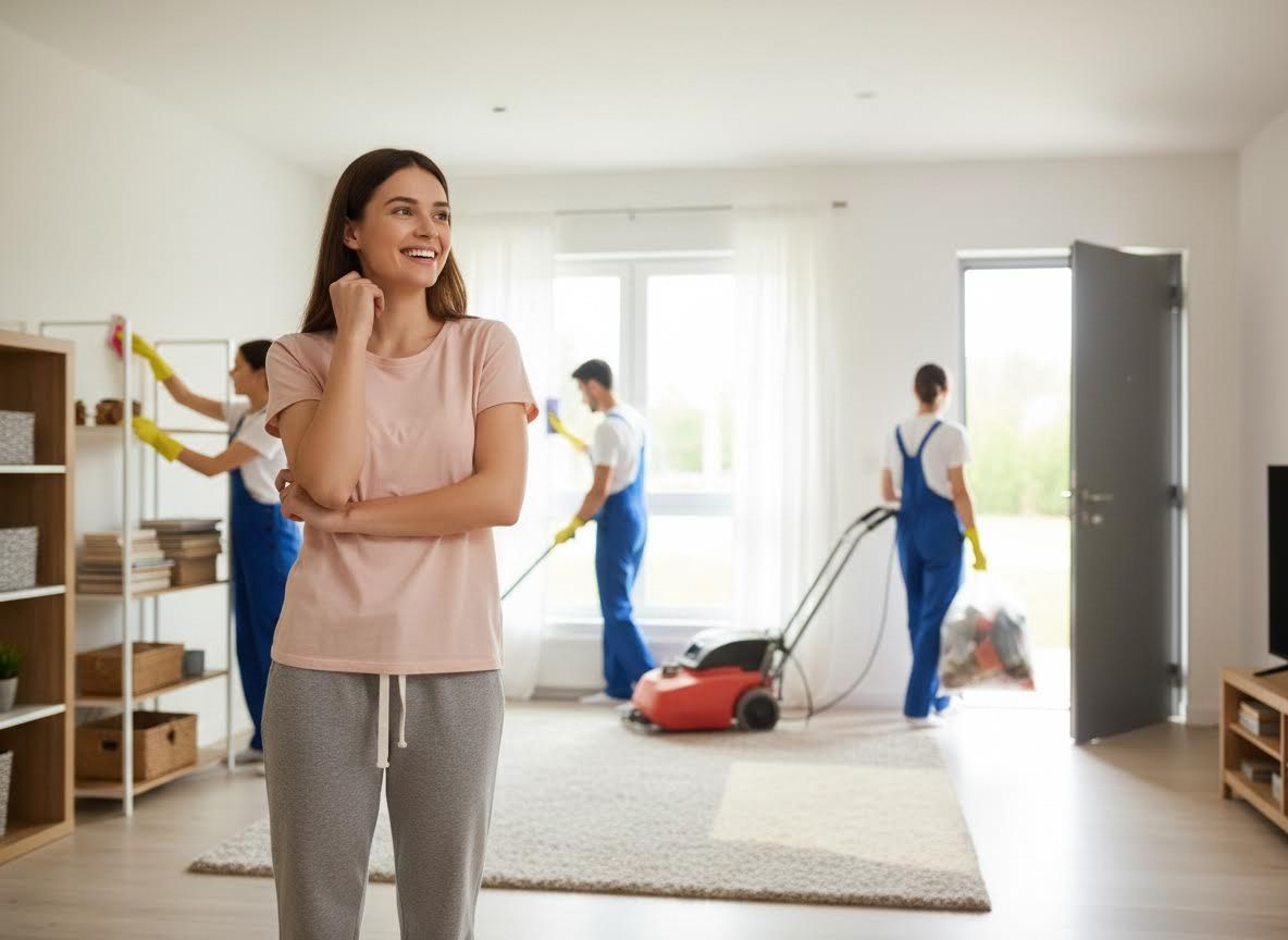 Happy Woman Overlooking Professional Cleaning Service at Home