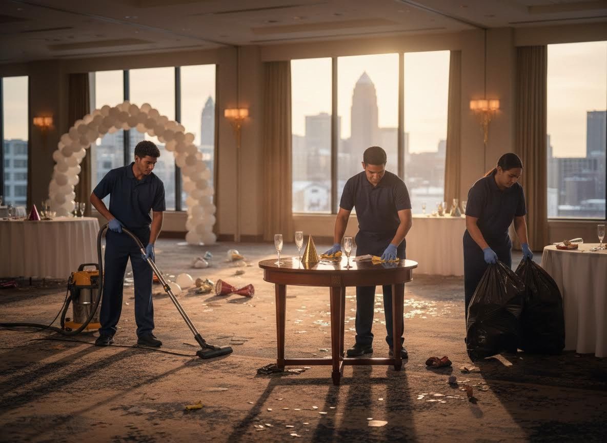 Cleaning crew tidying a ballroom after an event