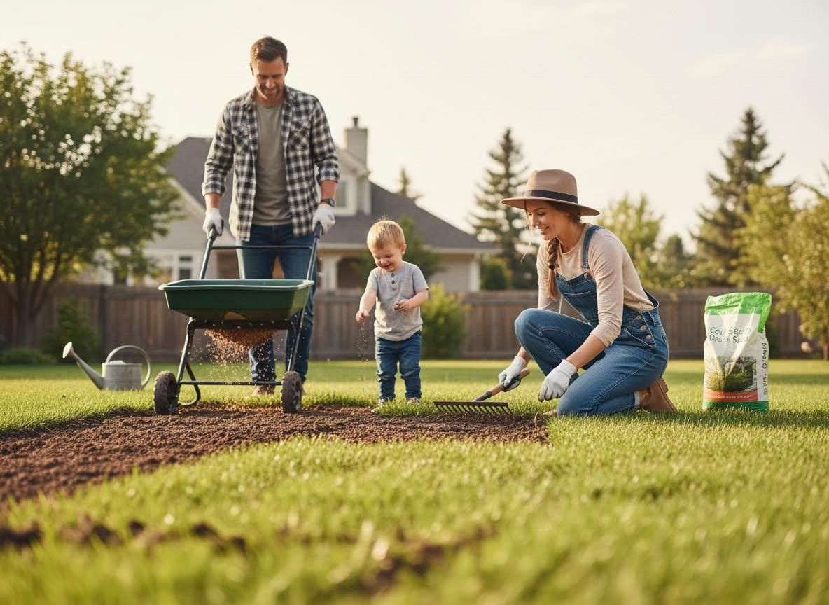 Family planting grass in their backyard