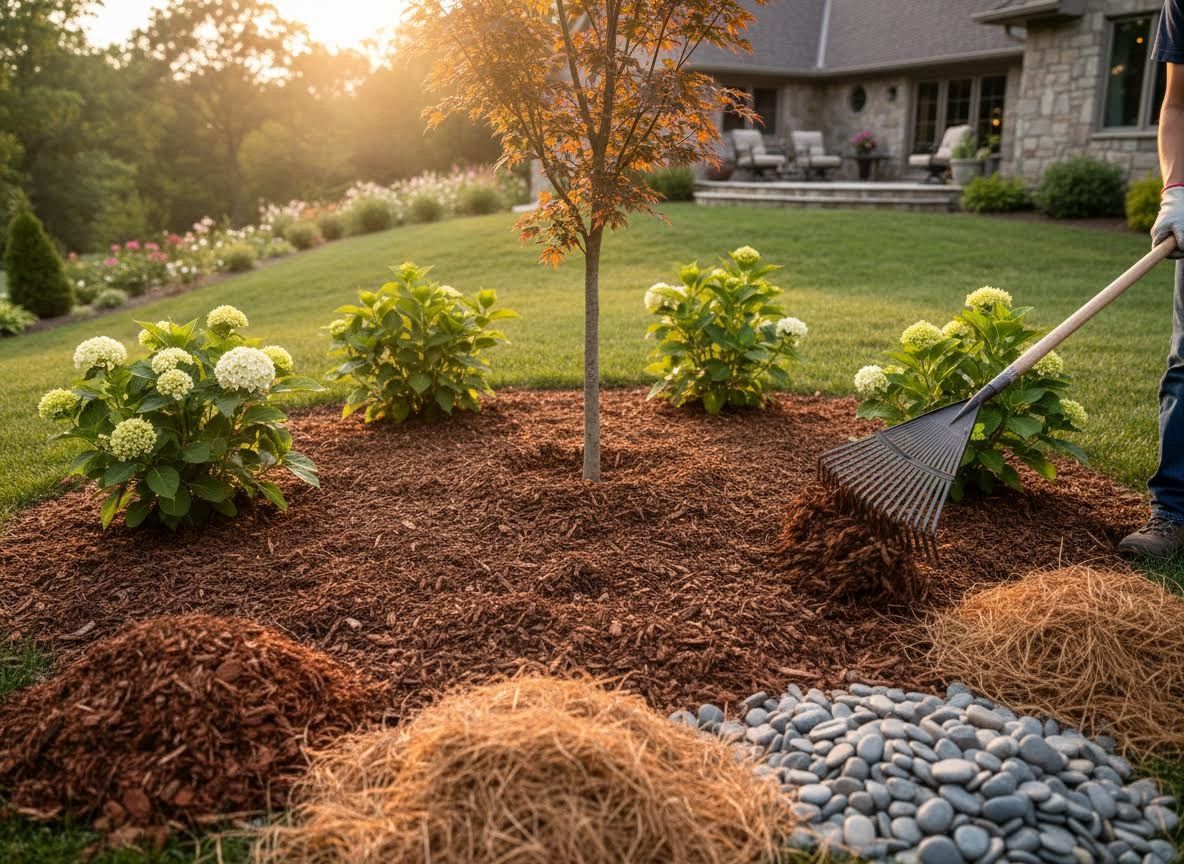 Gardener Raking Mulch in a Landscape Bed