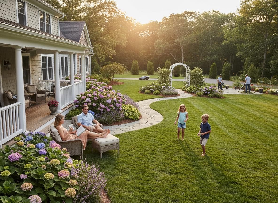 Family enjoying a beautiful landscaped garden at home