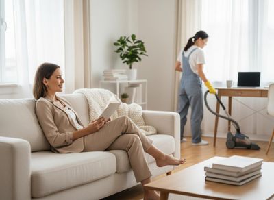 Woman Relaxing on Sofa While Housekeeper Vacuums