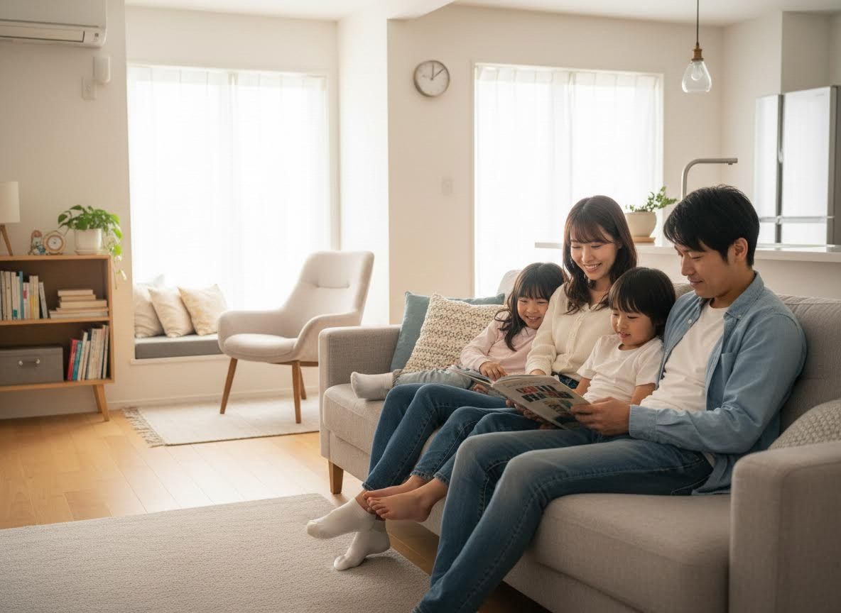 Happy Japanese Family Reading Together on Sofa in Modern Living Room