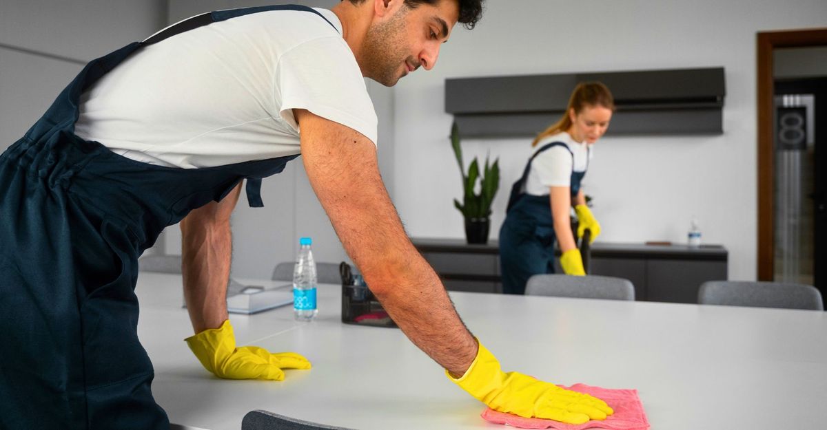 people wiping down surfaces in an office. 