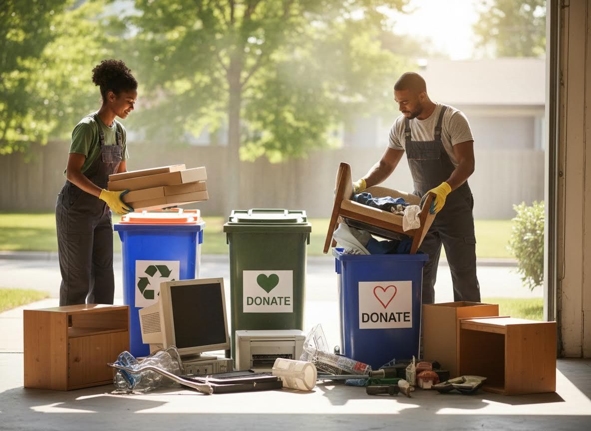 Couple sorting household items for recycling and donation