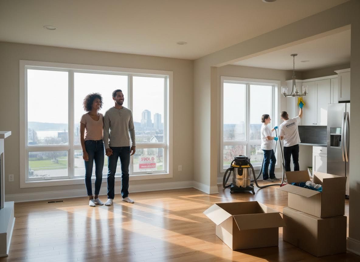 Happy couple in their new home with cleaners