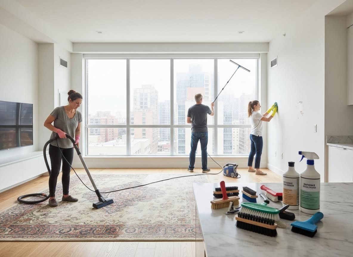 Professional cleaning crew tidying a modern apartment