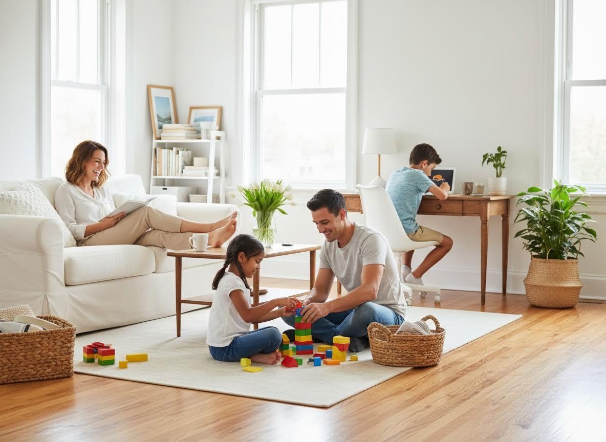 Family enjoying various activities in a bright living room