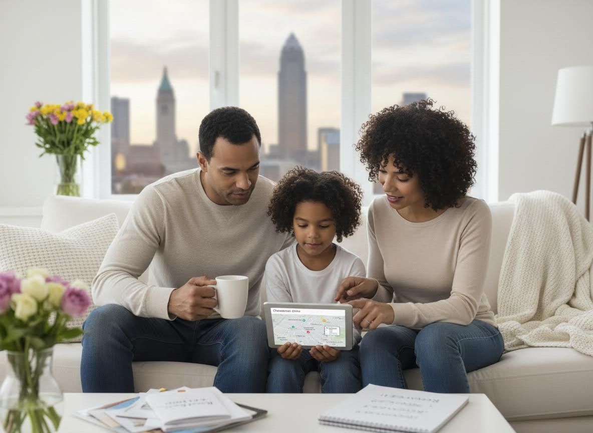Family looking at a map on a tablet