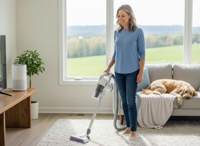 Woman vacuuming living room with cordless stick vacuum near sleeping dog