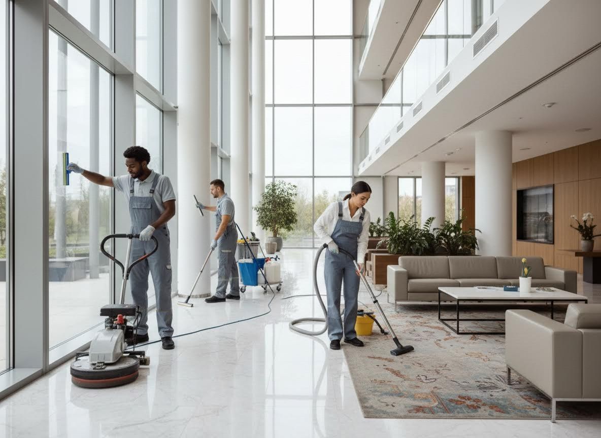 Professional cleaning team working in a modern office lobby