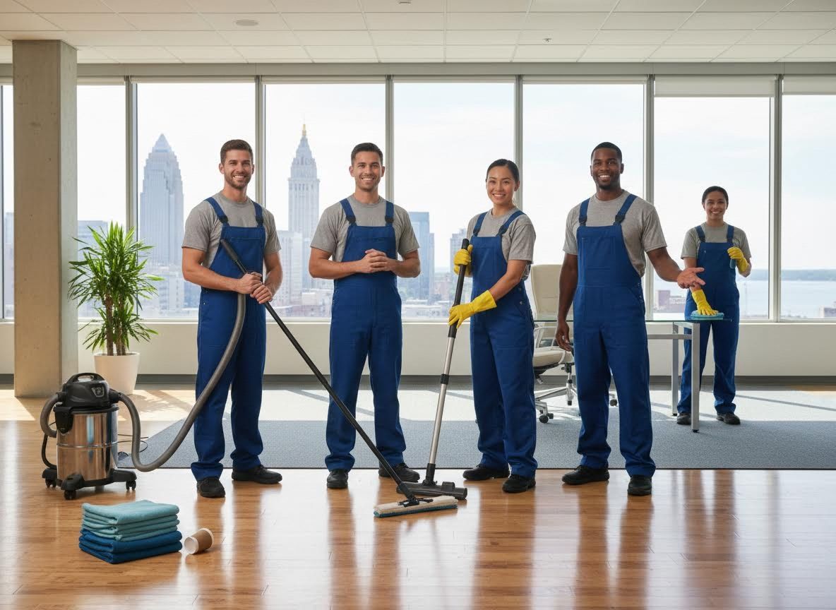 A team of five professional cleaners in uniform, holding cleaning tools in a modern office.