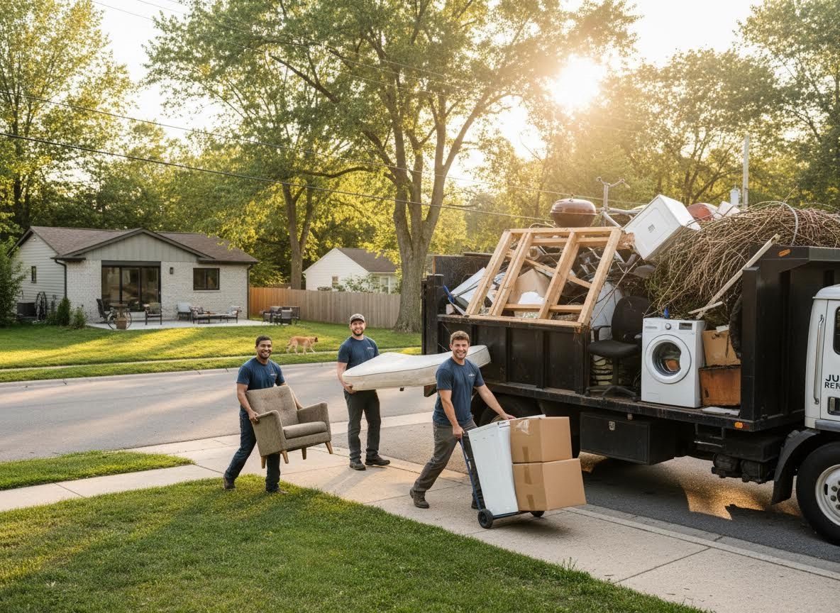 Junk Removal Team Loading Truck at Sunset