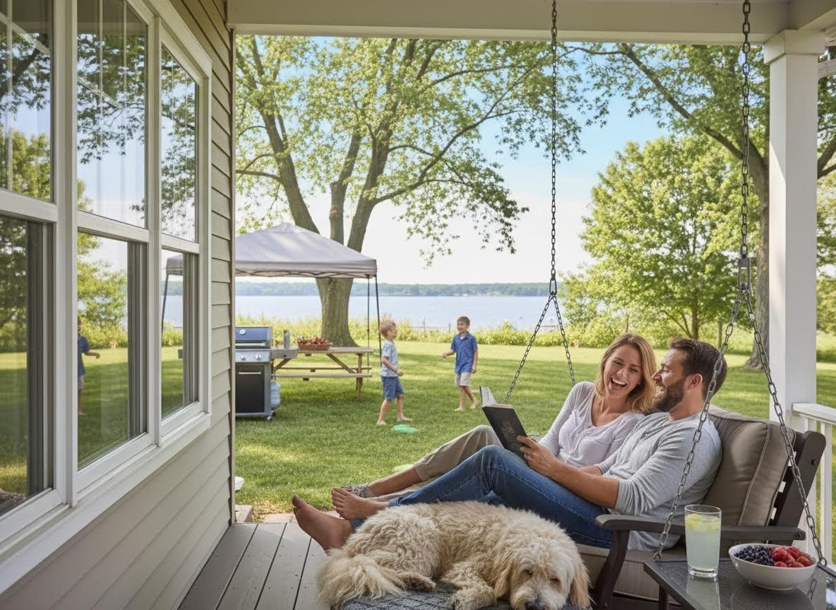 Family Relaxing on Porch Swing by Lake
