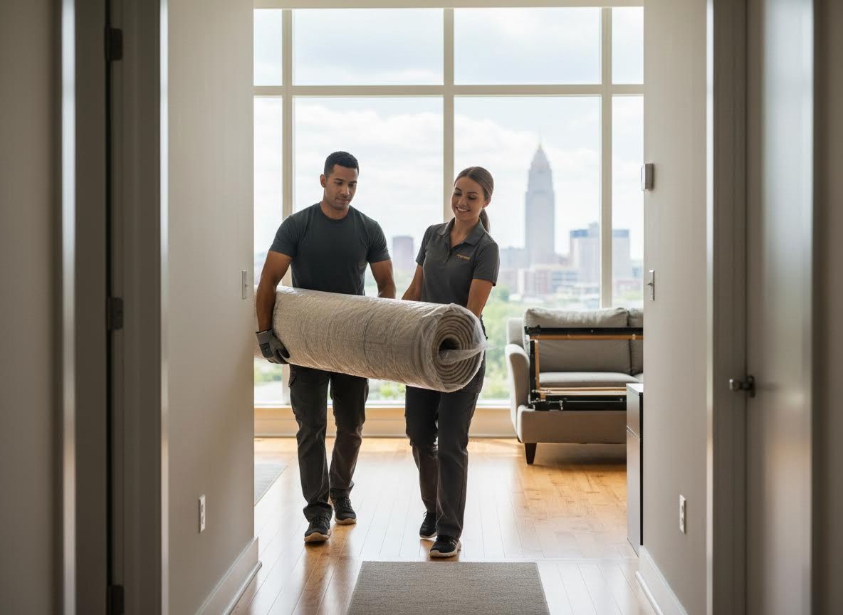 Professional Movers Carrying Rolled Rug in Apartment