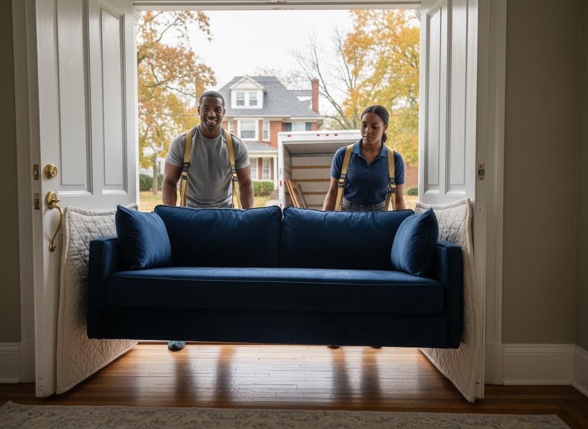 Professional movers carrying a blue sofa into a house