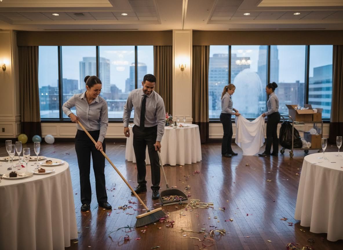 Event staff cleaning a banquet hall