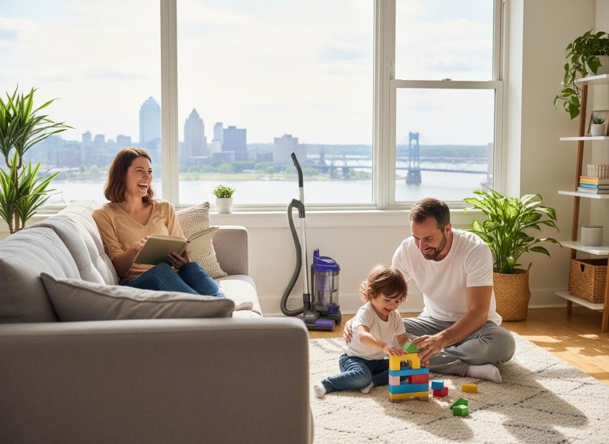 Family playing and relaxing in bright apartment with city view