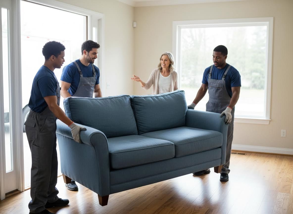 Professional movers carrying a blue sofa into a home