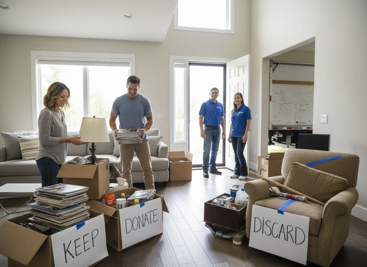 Couple Sorting Belongings with Movers for Home Relocation