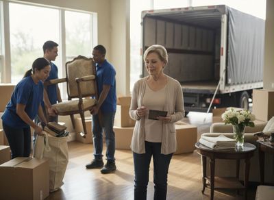 Senior woman watching movers with boxes and truck