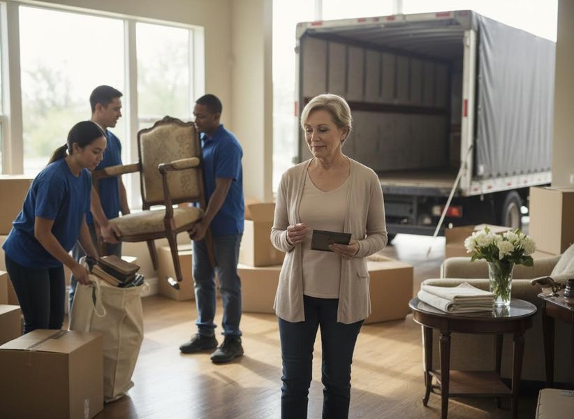 Senior woman watching movers with boxes and truck
