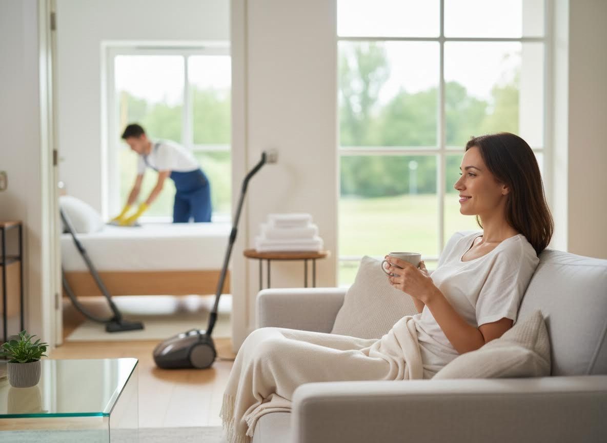 Woman relaxing while home cleaner works