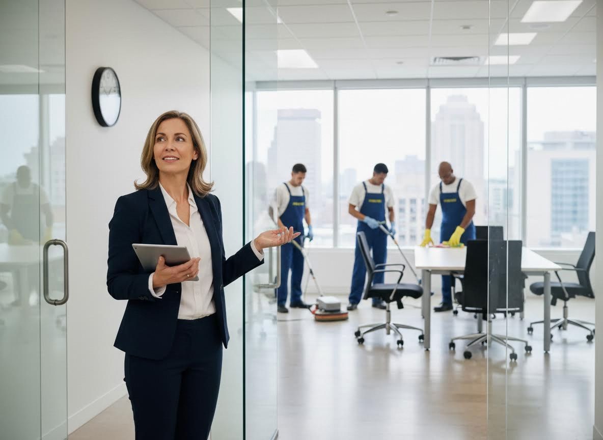 Businesswoman overseeing office cleaning services