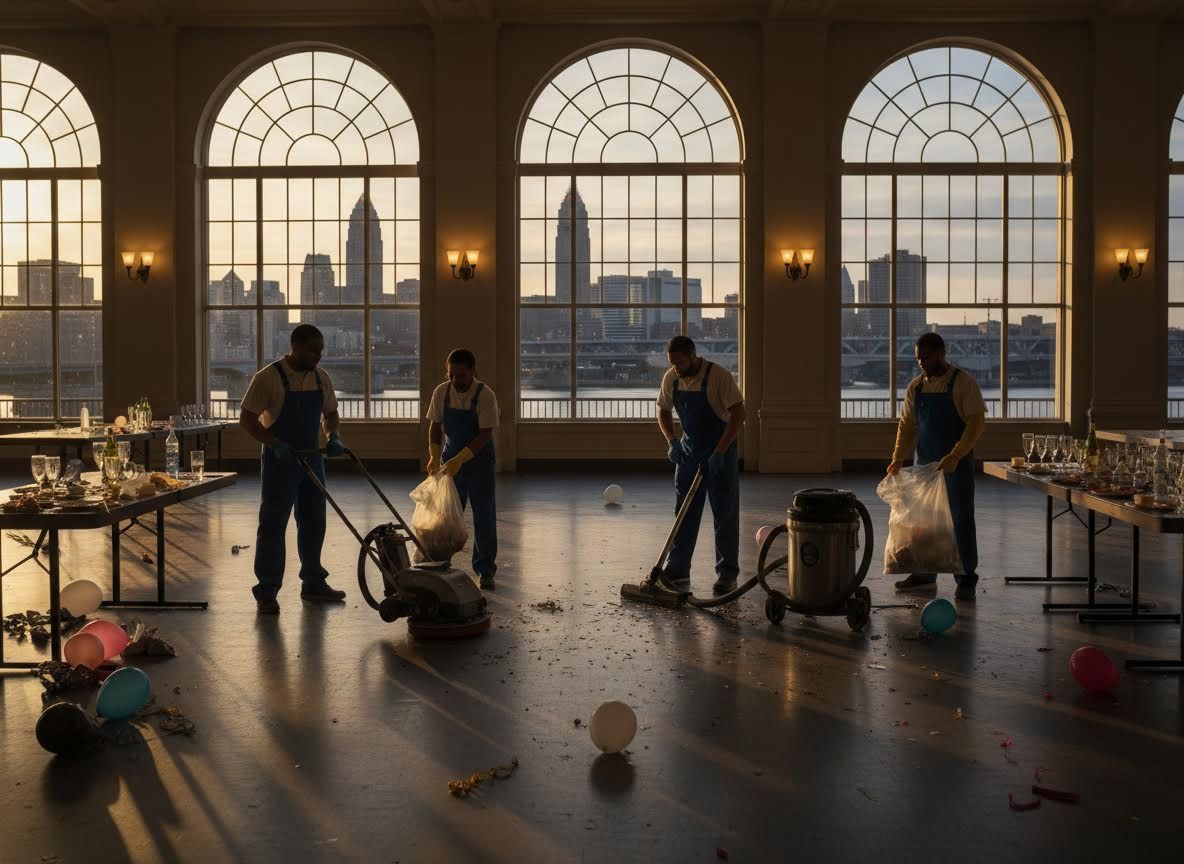 Event cleanup crew in a grand hall at sunset