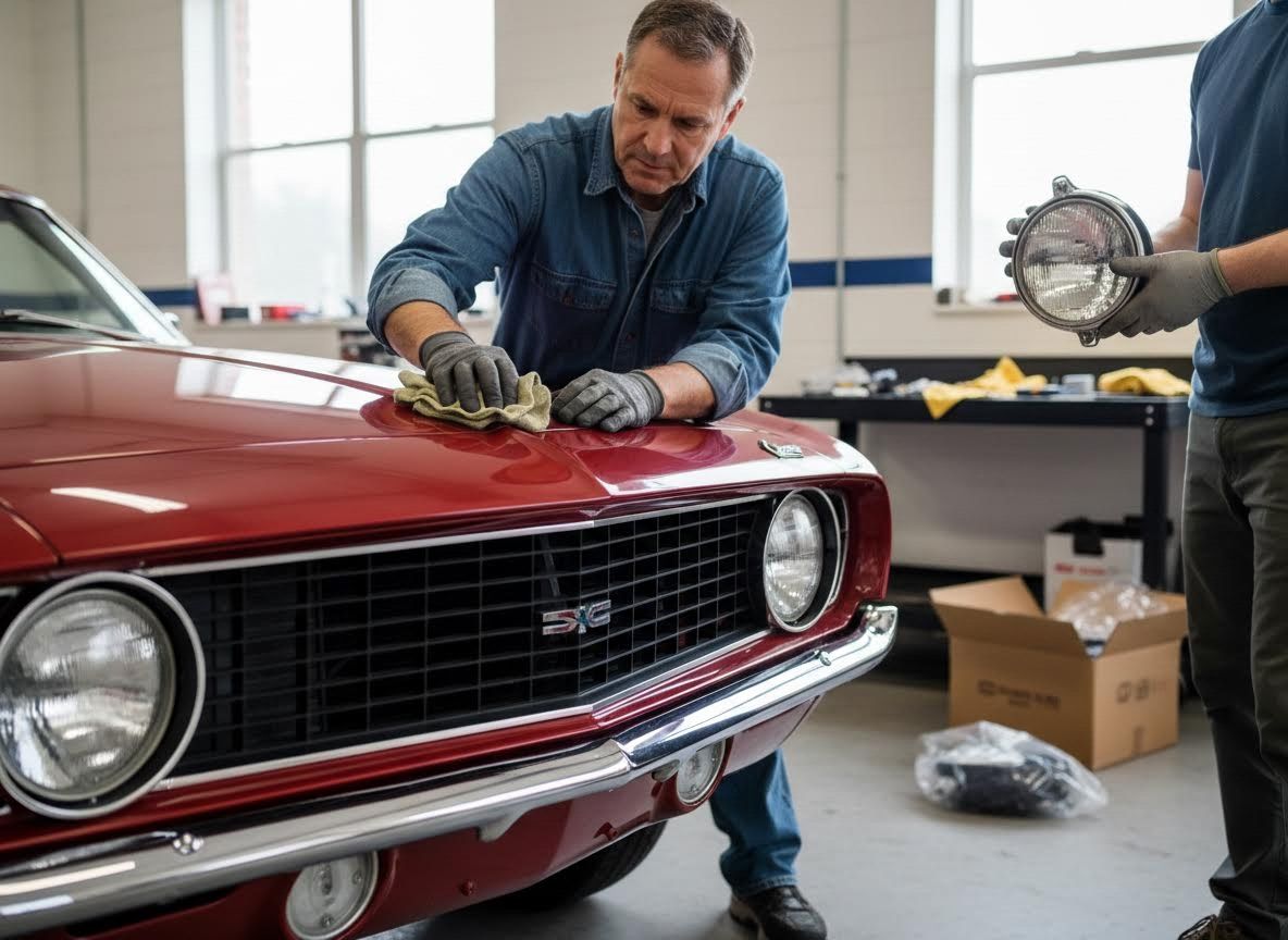 Man polishing red classic car's hood