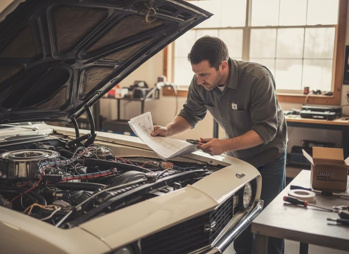 Man working on classic car engine with wiring diagrams