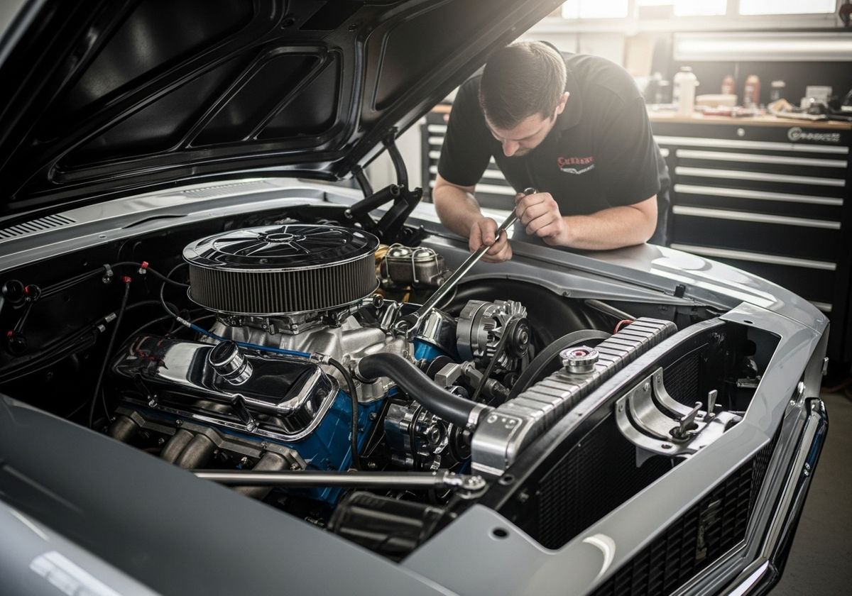 Mechanic working on classic car engine