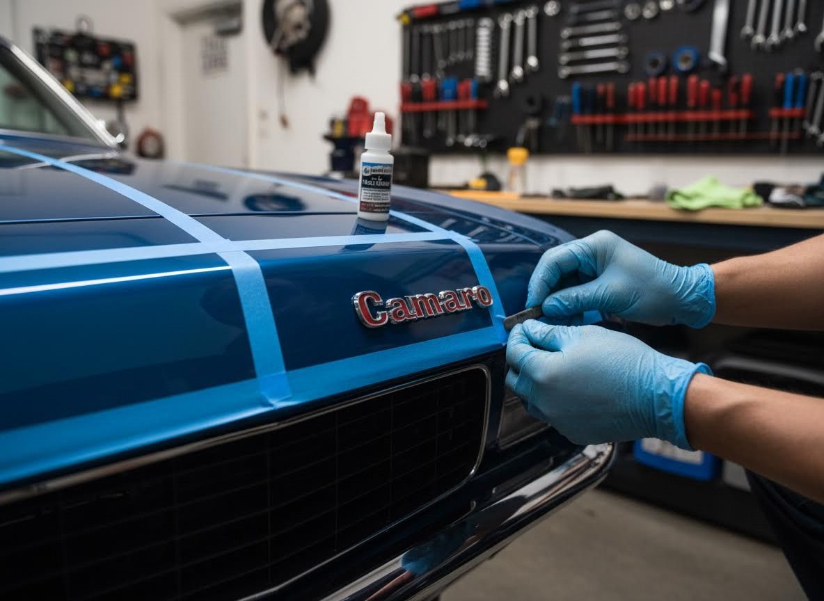 Professional Detailing of a Blue Classic Camaro Hood
