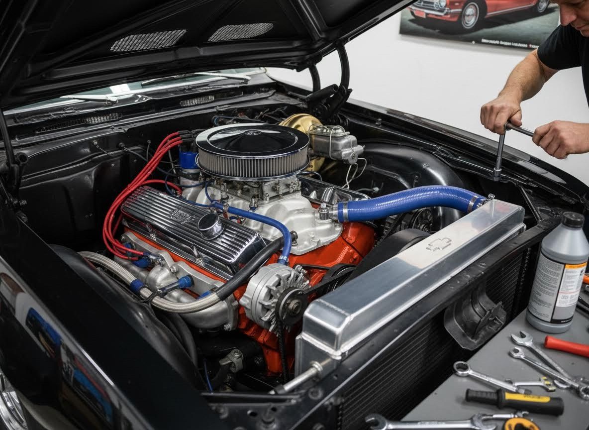 Mechanic working on a classic car engine