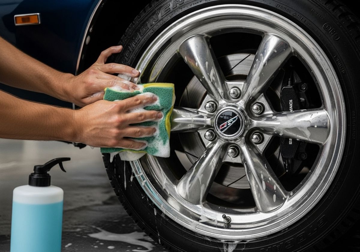 Man Washing a Car Wheel with Sponge