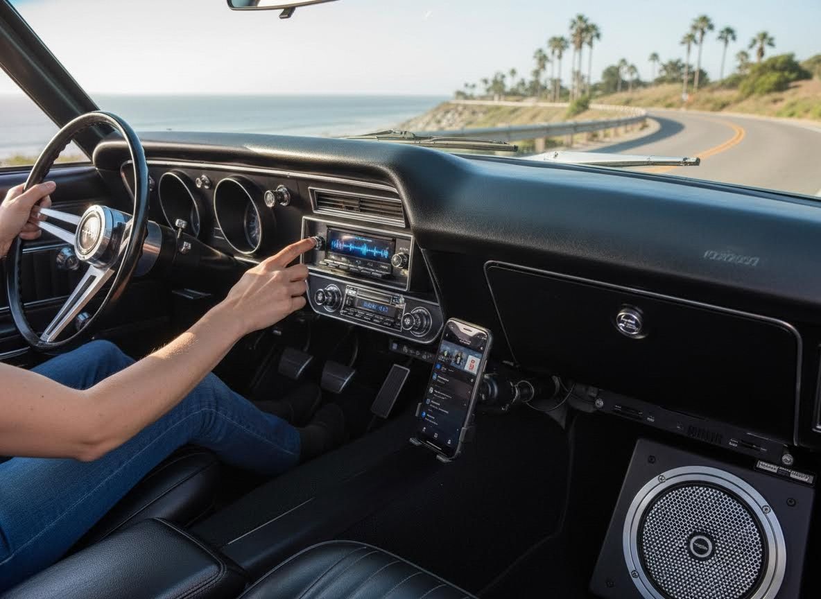 Driving a Classic Car with Modern Audio on a Coastal Road