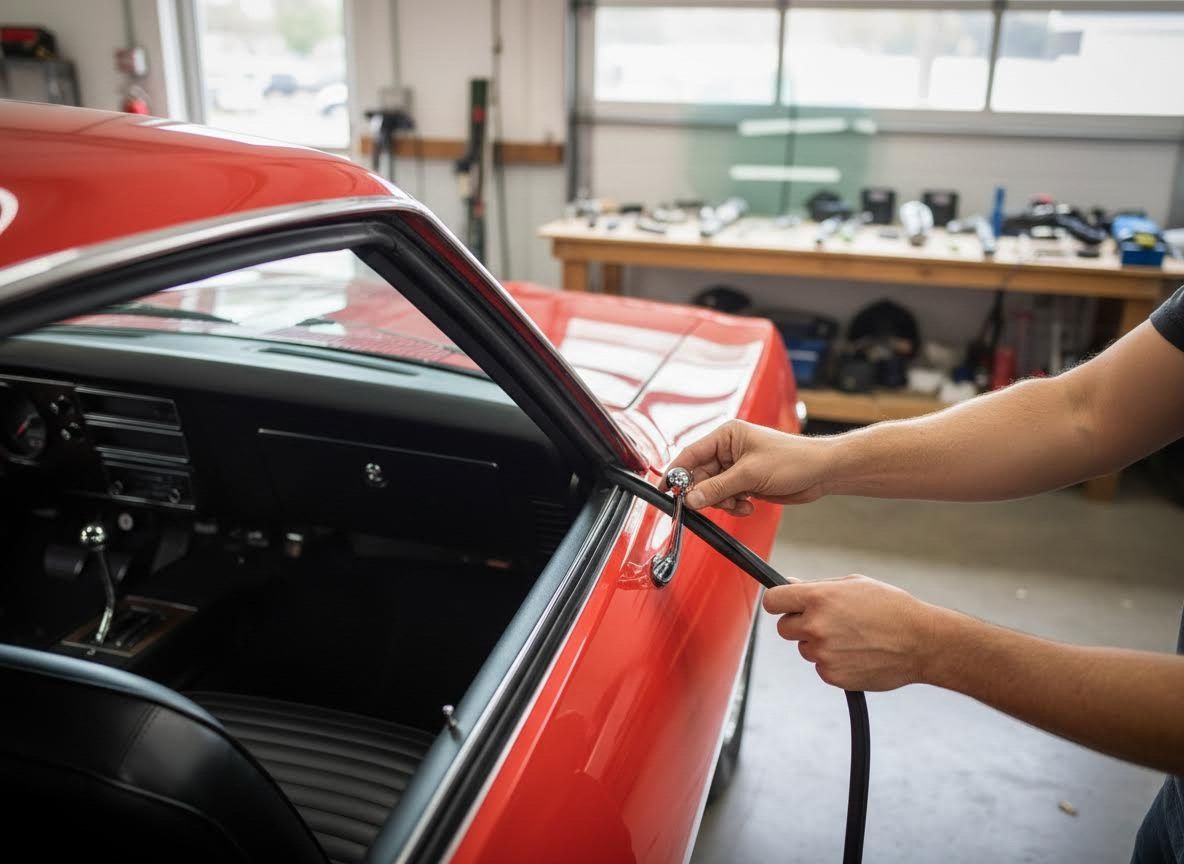 Installing Rubber Weatherstrip on a Red Classic Car Window