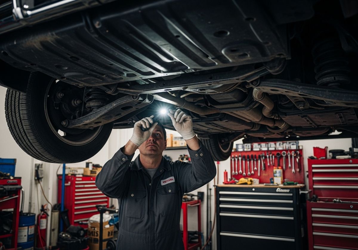 Car Mechanic Inspecting Undercarriage