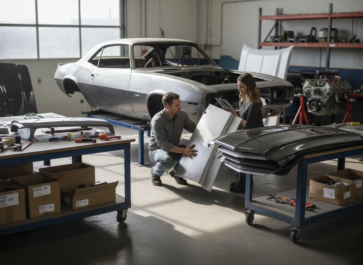 Man and Woman Working on Vintage Car Restoration