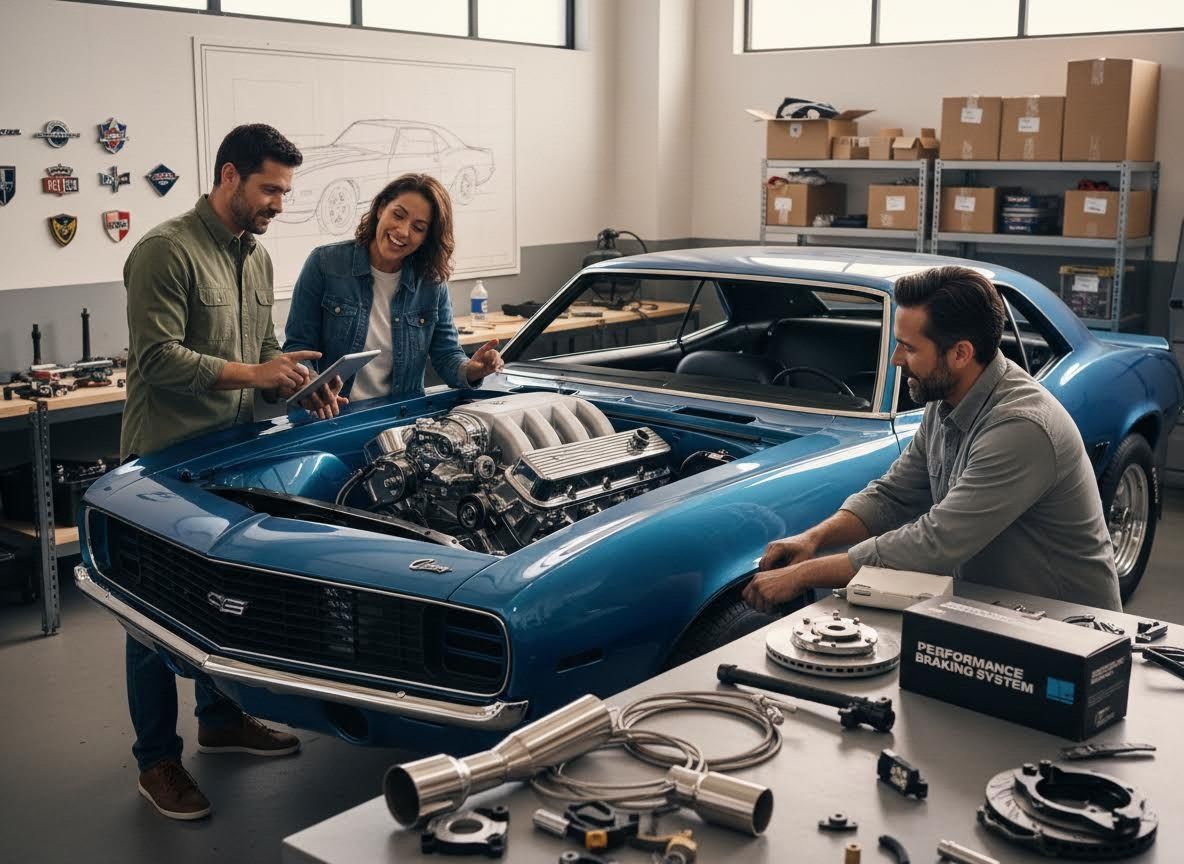Team working on a classic blue car in a garage