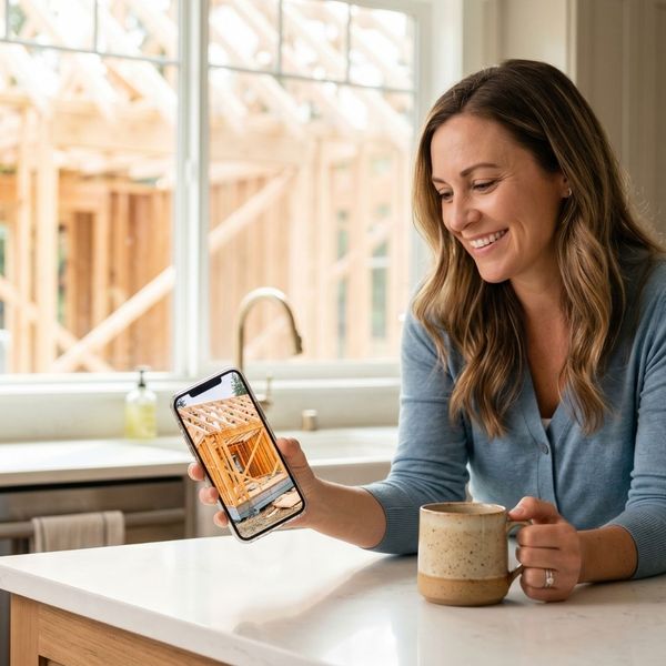 A smiling homeowner holding a coffee mug and viewing a construction progress photo on her smartphone in a bright kitchen.