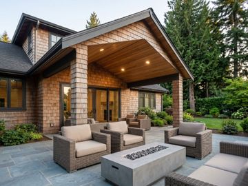 A finished luxury covered patio addition featuring a clear cedar tongue-and-groove vaulted ceiling, shingle pillars, and a modern fire table.